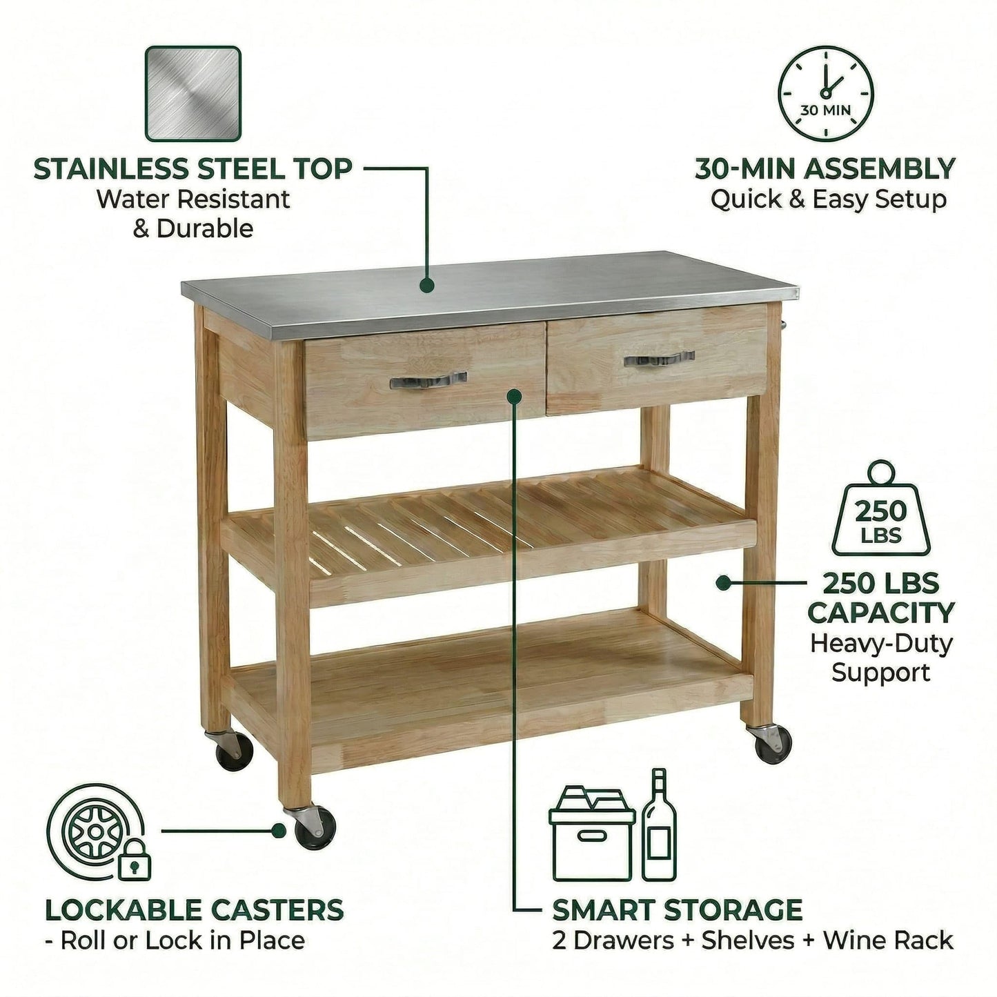 Casaphoria Amanda Collection Solid Wood Kitchen Island, 42" Butcher Block Cart with Stainless Steel Top & Locable Wheels, Prep Table for Small Spaces (Natural)
