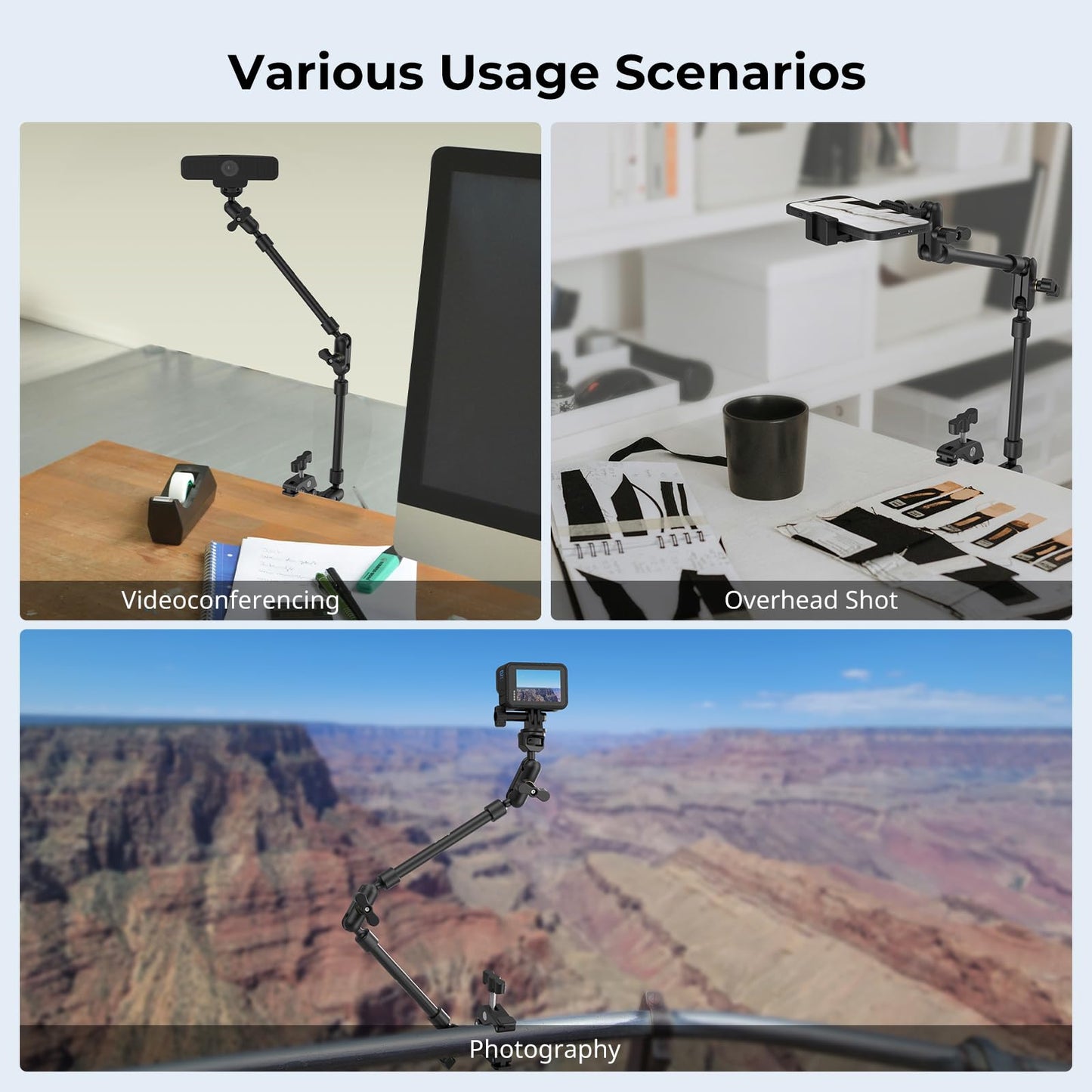 SMALLRIG 22" Magic Arm Clamp, Overhead Phone Mount Holder Stand, Flexible Desk Camera Mount, Articulating Friction Boom Arm, for POV Shot, Filming, Light, Webcam, Action Camera
