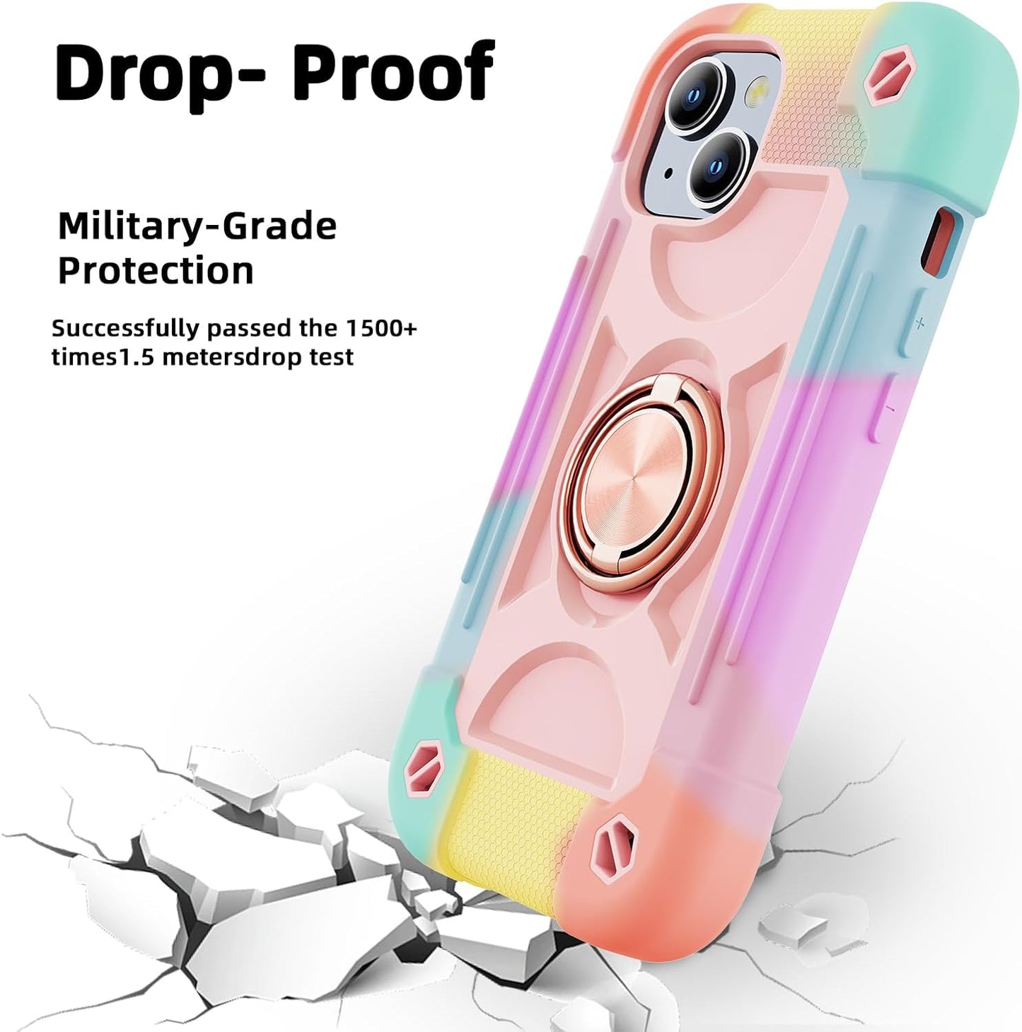 Cookiver 15 6.1" Compatible with iPhone Case - Heavy-Duty Shockproof Military-Grade Rugged Cover with Ring Stand, Glass