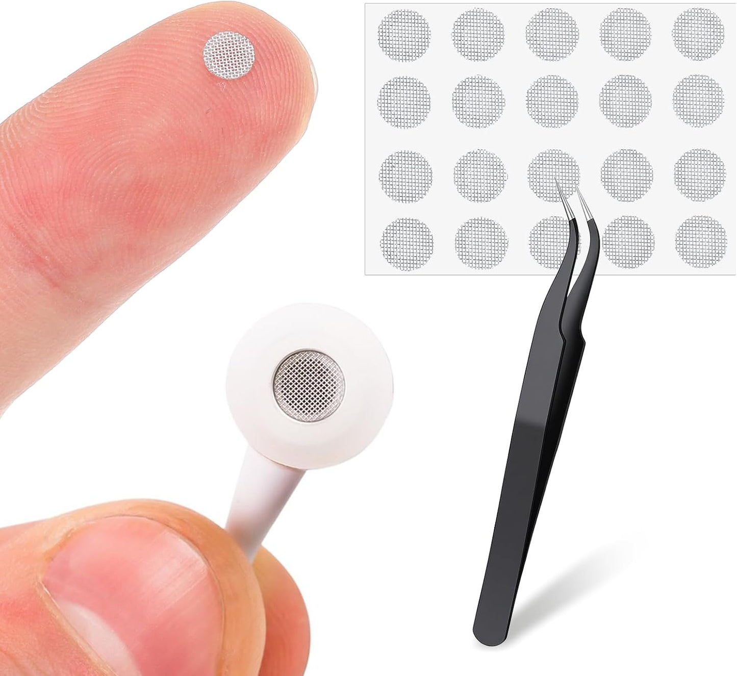 Macuezu 20 4 Mm PCS Earbud Mesh Replacement with Tweezers, Stainless Steel Earbud Dust Filter Mesh Compatible with Most