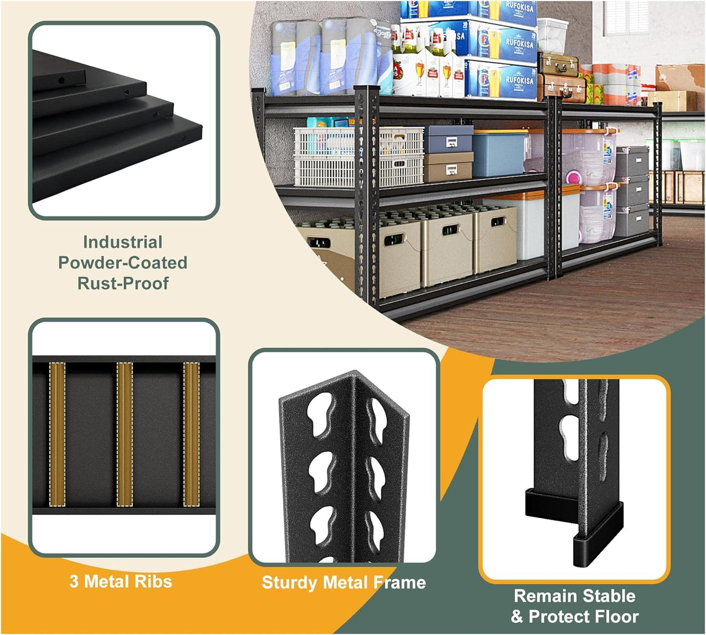 Rufokisa 3-Tier Garage Shelving Heavy Duty，36" Metal Shelving Unit for Garage, 1320 lbs Load Capacity Utility Rack Shelves＆ Storage Shelves, 40”W x 18”D x 36”H(Black)