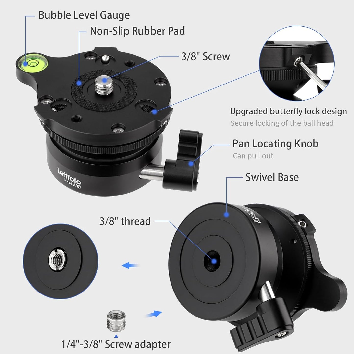 Leftfoto 360 15 10kg/22lbs Precision Tripod Leveling Base Plate Half Ball Leveler with Rotation and +/- Tilt Compatible