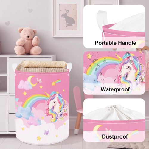Clastyle 63L Unicorn Rainbow Collapsible Laundry Basket Large Pink Dirty Clothes Hamper for Girl Moon Star Flower Toy Storage Basket with Lid, 15.7x19.7 in