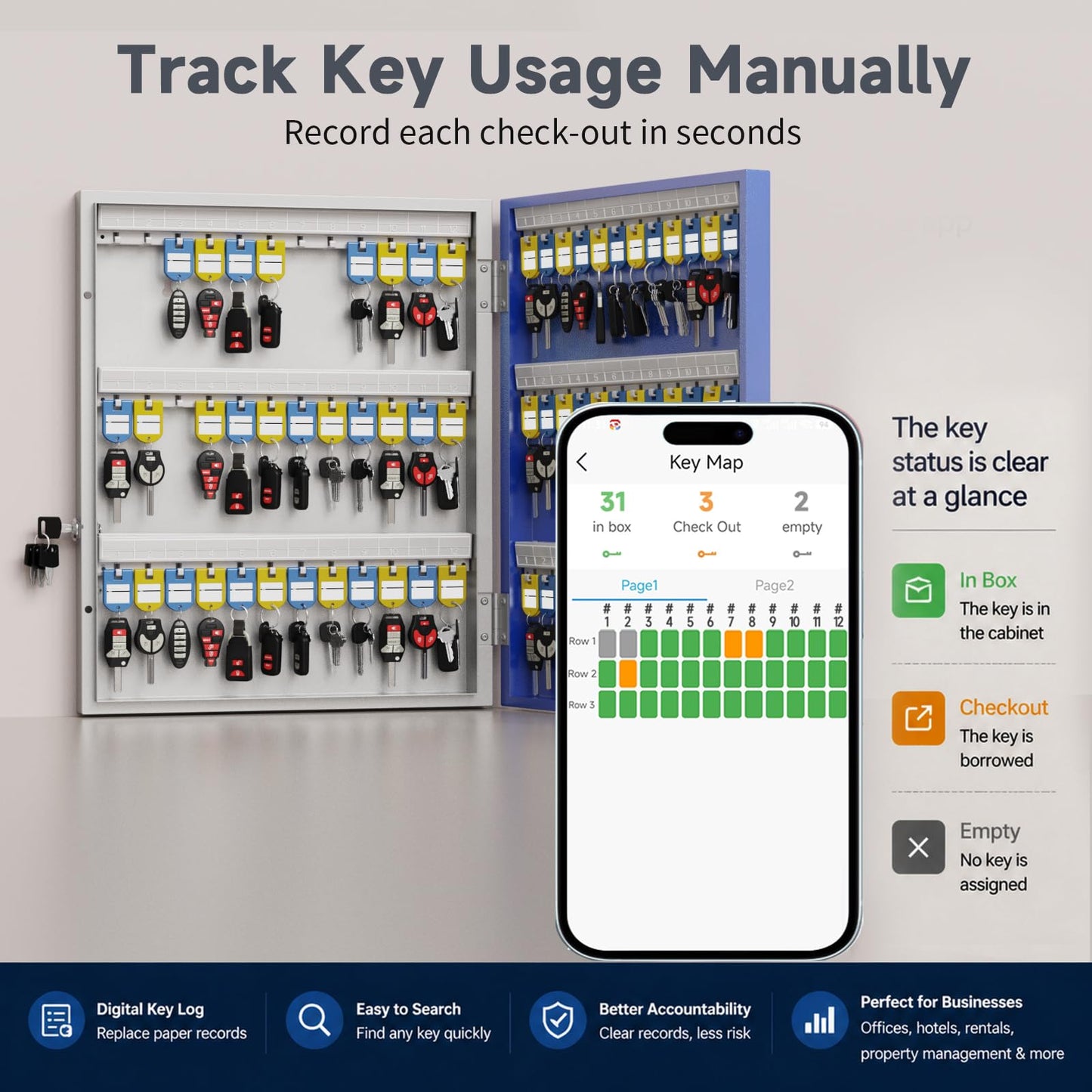 WeHere 72-Key Smart Key Lock Box, Wall-Mount Key Cabinet with Key Management App(Track Key Borrow/Return), Keypad, Bluetooth & WiFi Unlock (Sold Separately) for Commercial, School, Rental, Office