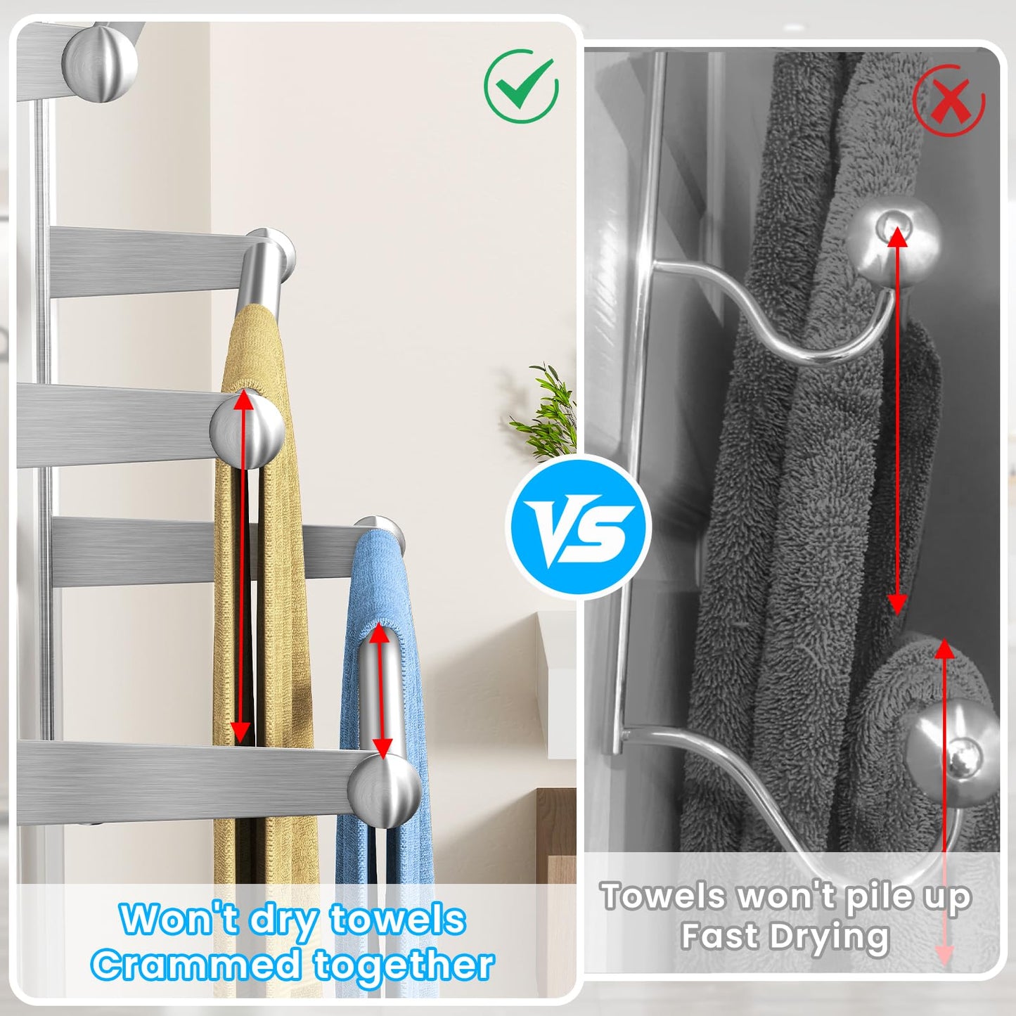Over The Door Towel Rack,304 Stainless Steel Towel Rack with 2 Hooks, 3 Tier Towel Bar for Hanging Towels, Over Door Towel Storage Holder for Bathroom