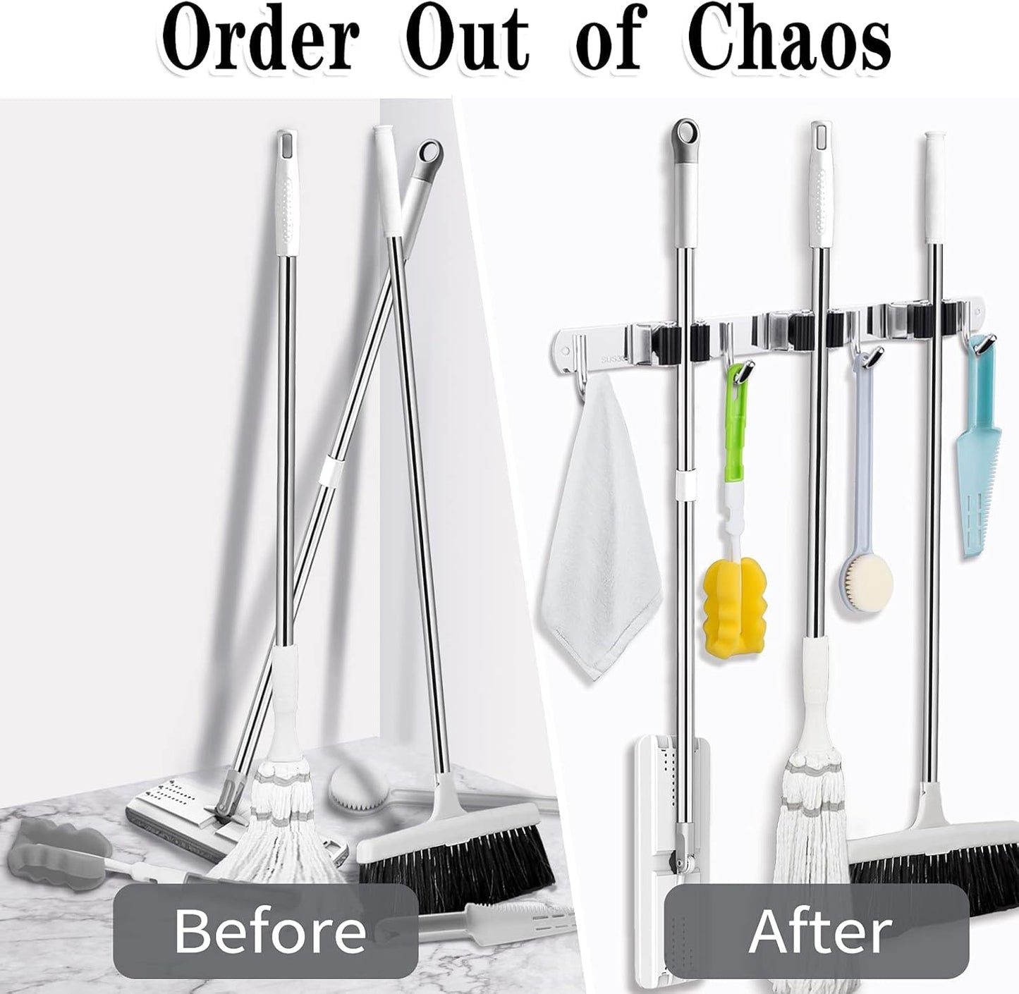 Skiennix Broom and Mop Holder - Wall Mounted Garage Organizer with 3 Racks & 4 Heavy-Duty Hooks | Stainless Steel, Non-Slip