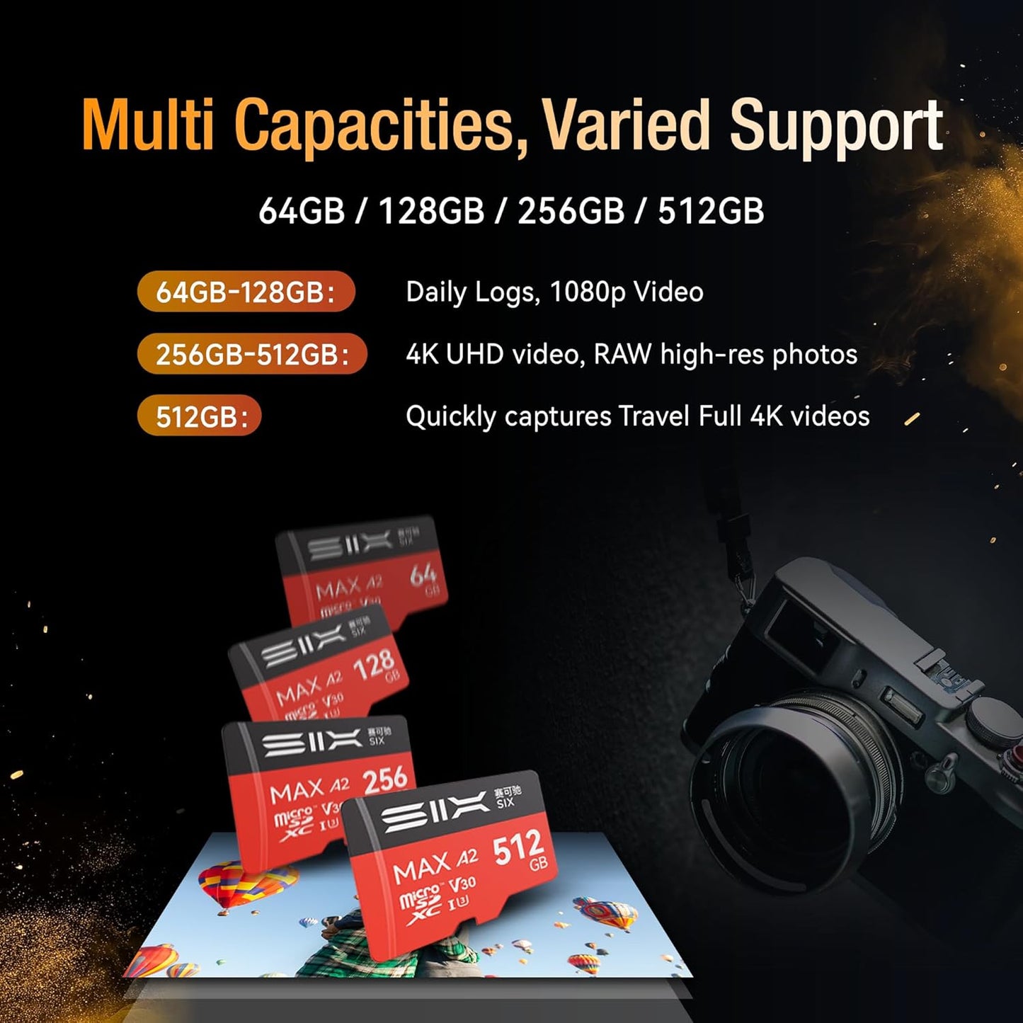 SIX M200 128GB 190MB/s 4K A2, U3, V30 128GB Micro SD Card Read Up to for UHD Continuous Recording - microSDXC Memory