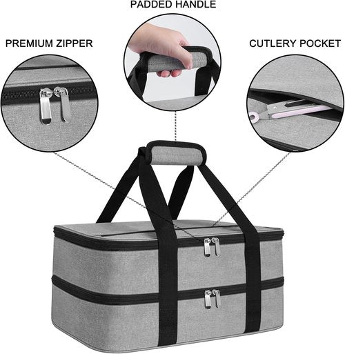 Esouler Double Insulated Casserole Carrier Bag - Hot & Cold Food Holder for 9 x 13 Inch Dishes | Grey