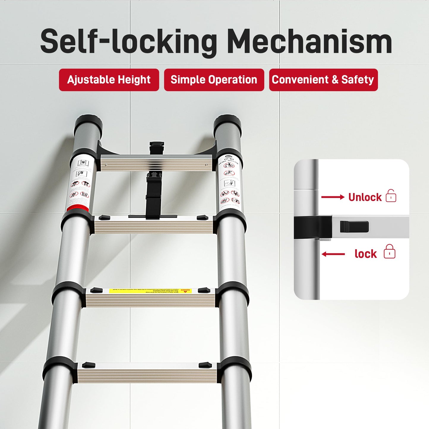 SEEKNEW Telescoping Ladder, 16.5 FT Aluminum Extension Ladder, 330 lbs Capacity with Triangular Stabilizers, Portable Collapsible Ladder for Roof, Home and RV; Silver