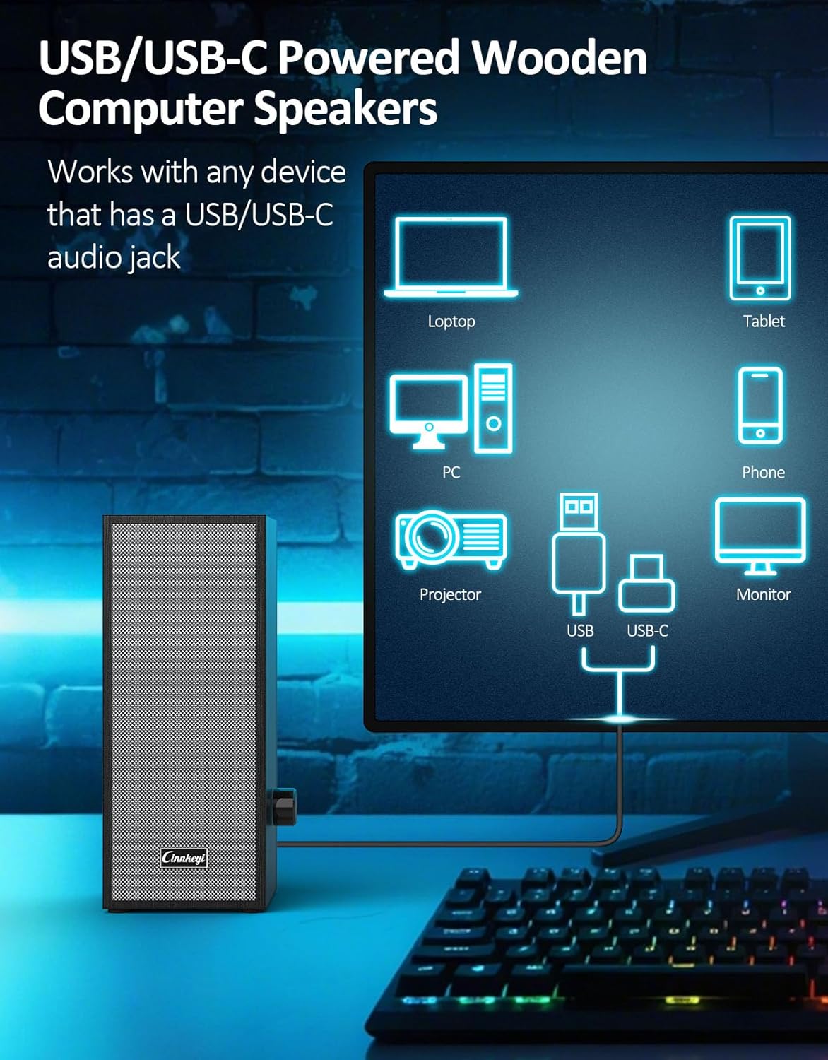 cinnkeyi 2.0, Small Computer Speakers USB/USB-C PC Speakers for Desktop Laptop, Bluetooth Stereo USB Speakers Compact
