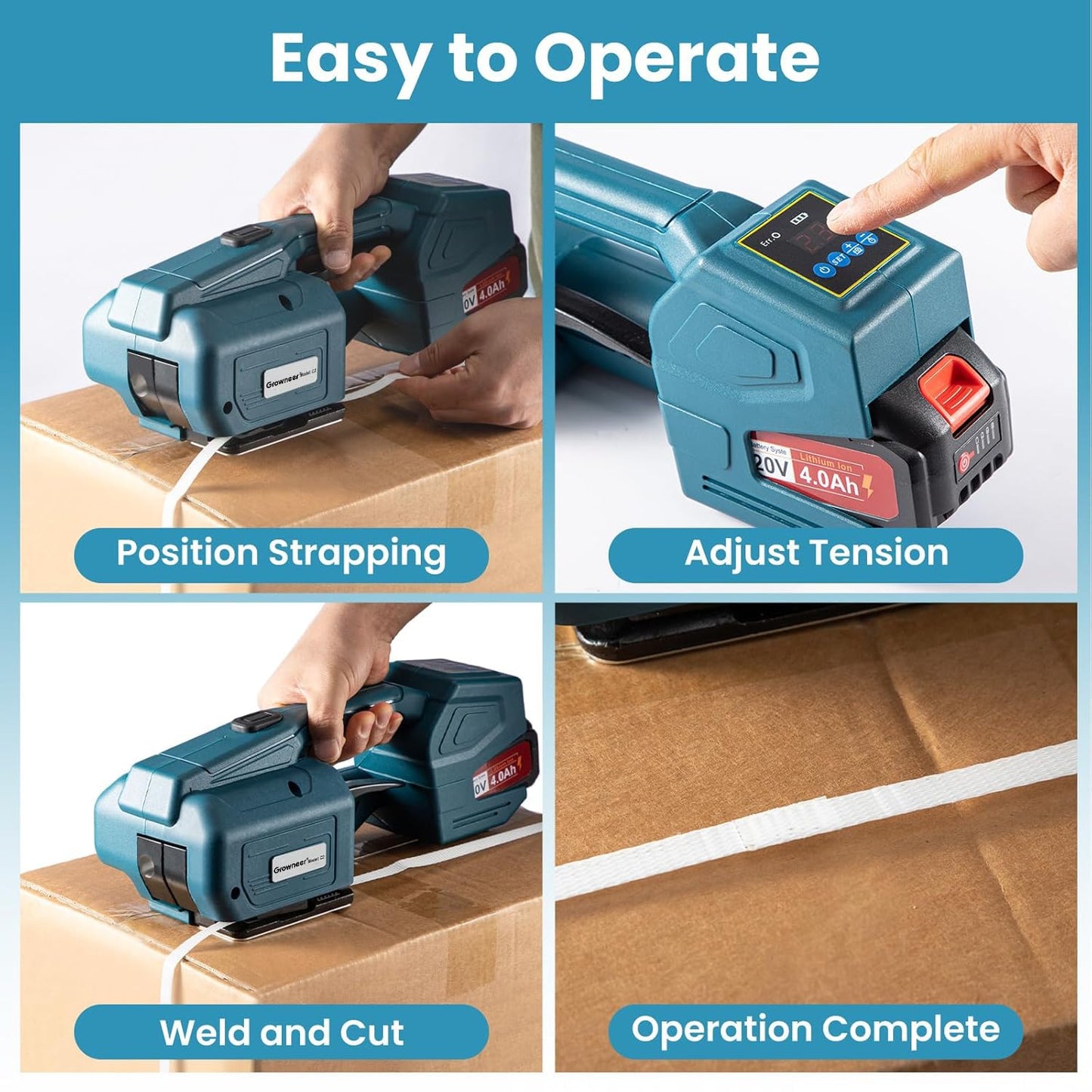 GROWNEER Electric Strapping Machine with LCD Screen, Automatic Portable Strapping Tool for 0.51"-0.63" PP PET Straps, 2 x 4000mAh Batteries, Digital Display Tensioner for Packaging Boxes and Pallets