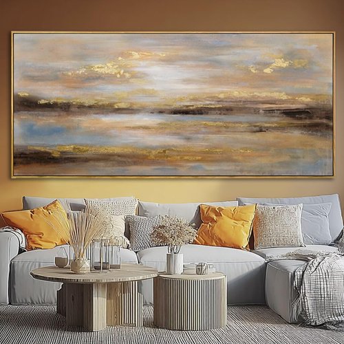 Gold Abstract Wall Decor - Modern Framed Canvas Artwork for Office & Living Room | 32x70 Inch
