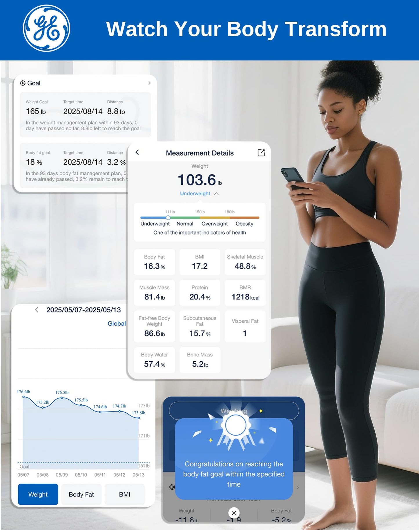 GE Smart Scale for Body Weight: BMI Body Fat Digital Bathroom Scales, 13 Body Composition Monitor Health Analyzer for Home Gym, Bluetooth App Sync, Accurate 400lb Weighing, Black 11inch