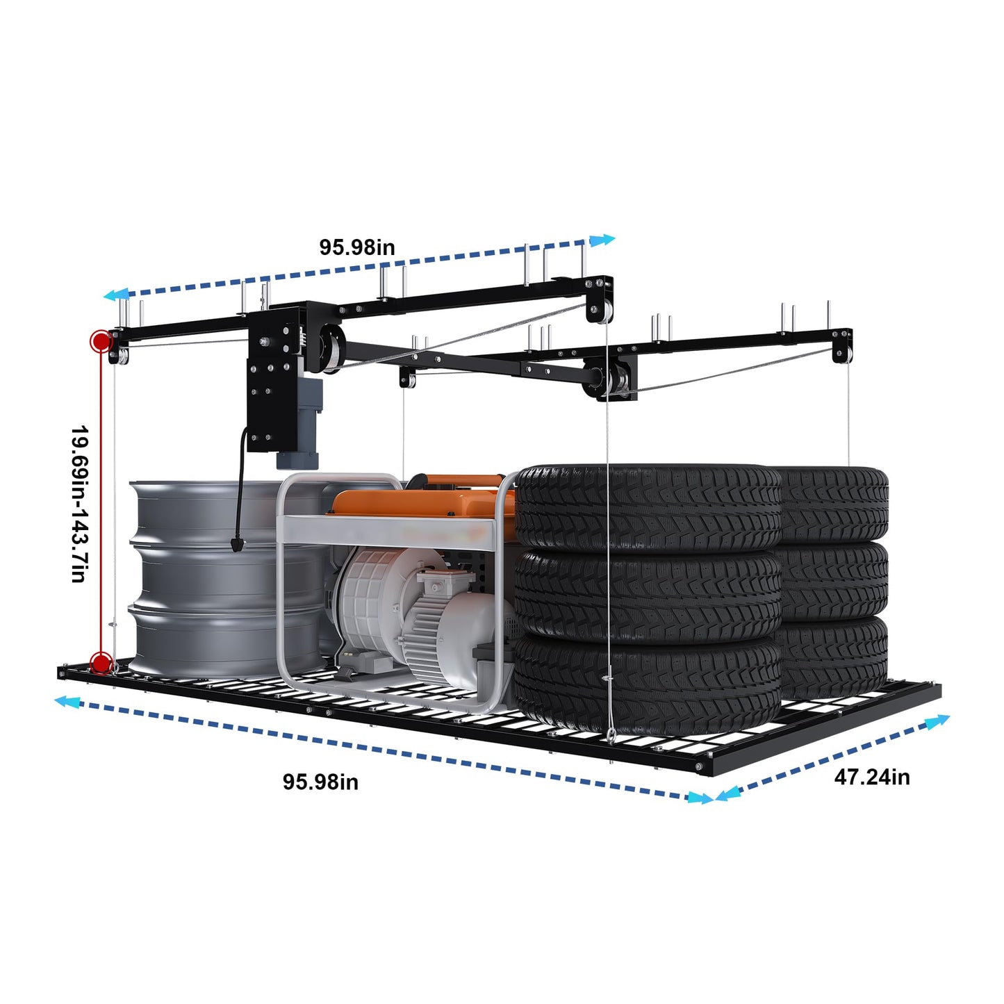 Electric Overhead Garage Storage Lift 4x8 FT, Remote Controlled Ceiling Storage Rack for 10-12 ft High Ceilings, Heavy Duty Steel Garage Organizer Storage System, 450LBS Capacity with Safety Lock