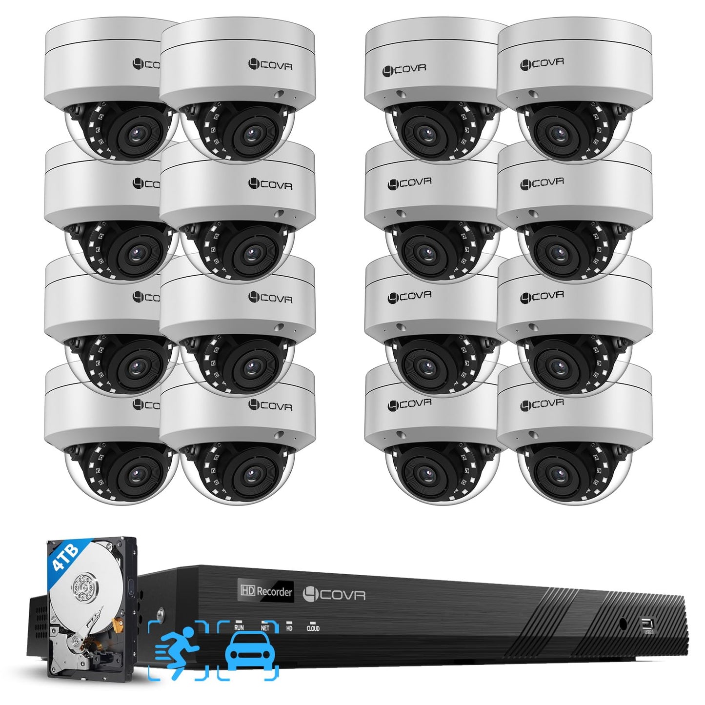 4COVR 16 Channel PoE Security Camera System for Business, 16x 5MP IK10 Vandal-Proof IP67 Dome Commercial IP Camera, Night Vision, 16CH NVR 4TB, AI Human Vehicle Detection, 24/7 Recording, LY54AX5M1616