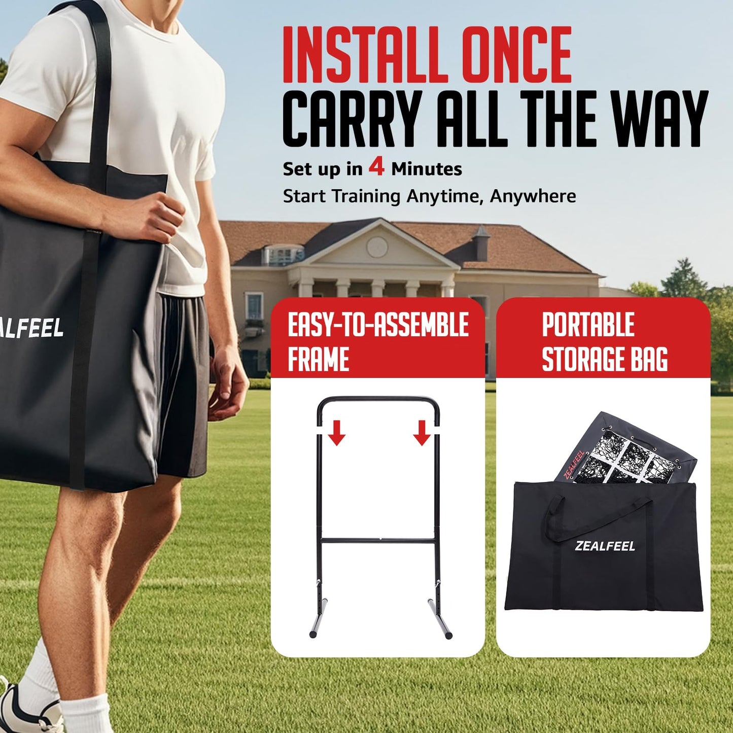 ZEALFEEL Baseball Pitching Net, 9 Hole Pitching Target Net with Strike Zone, 5 Height Adjustable Throwing Trainer, Heavy Duty Baseball Softball Net with Carry Bag for Solo Practice