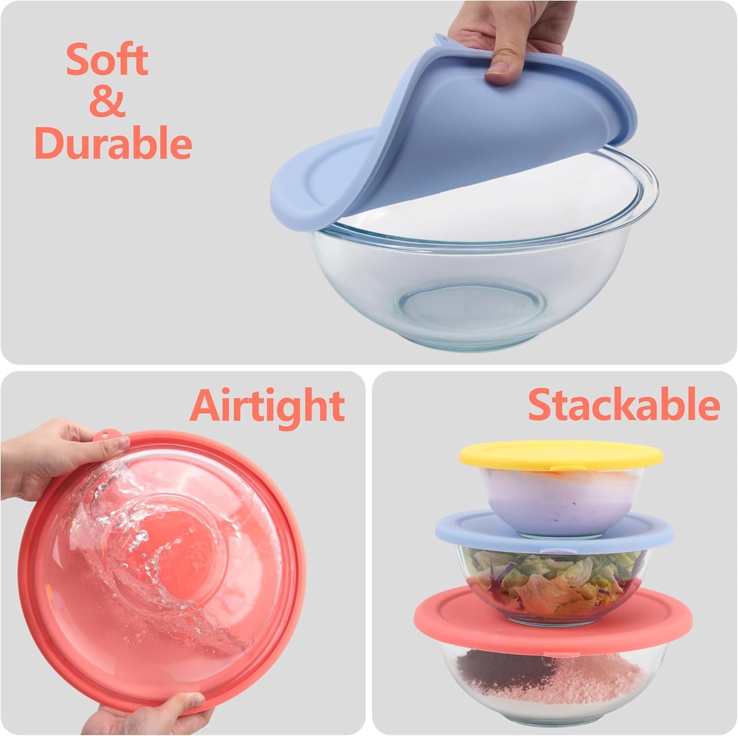 Pyrex Silicone Replacement Lids - Food Grade Covers for 1 Quart, 1.5 Quart & 2.5 Quart Bowls | Dishwasher & Microwave Safe - 3 Pack
