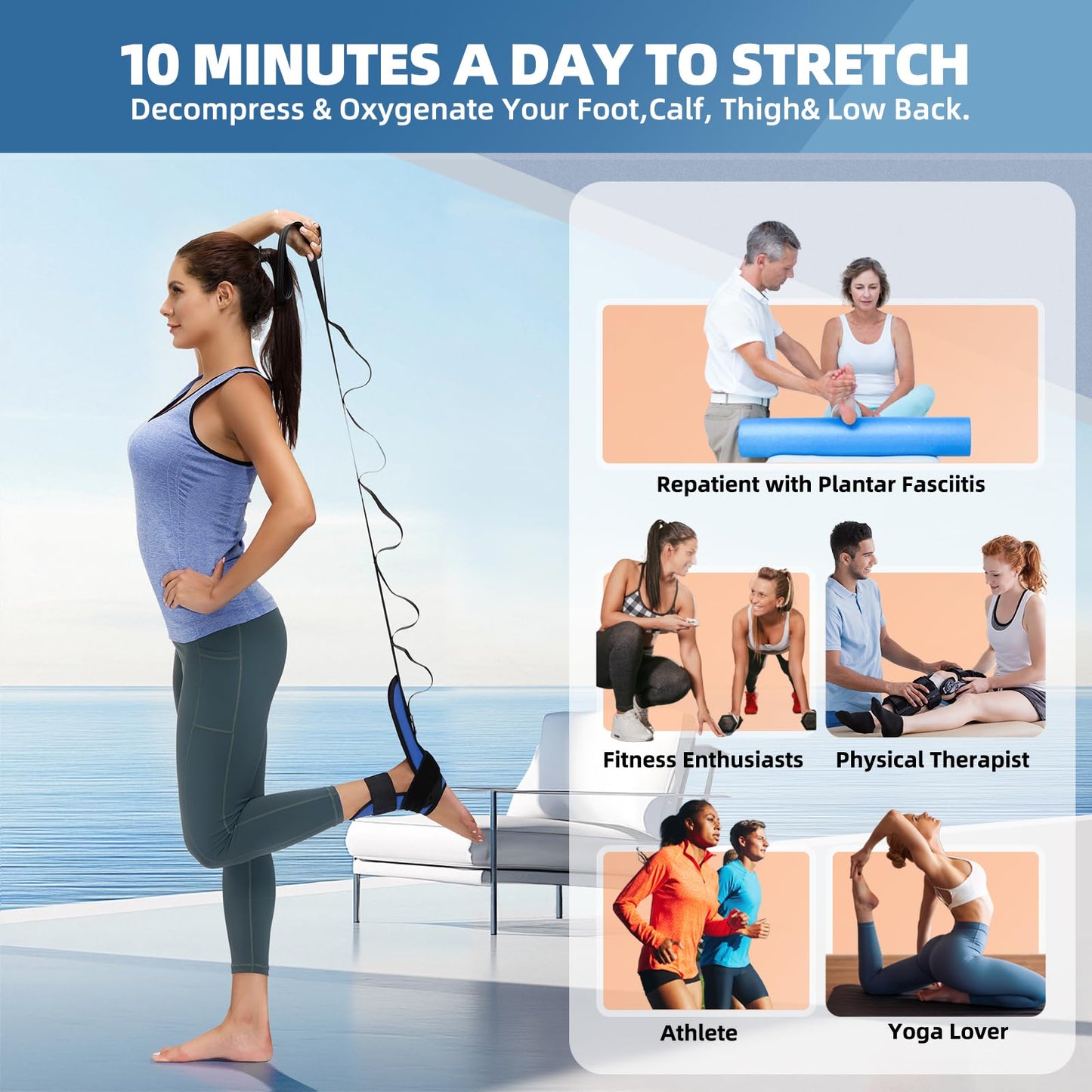 comness Foot and Calf Stretcher Stretching Strap For Plantar Fasciitis, Heel Spurs, Foot Drop, Achilles Tendonitis & Hamstring. Yoga & Leg Stretch Strap. (Blue)