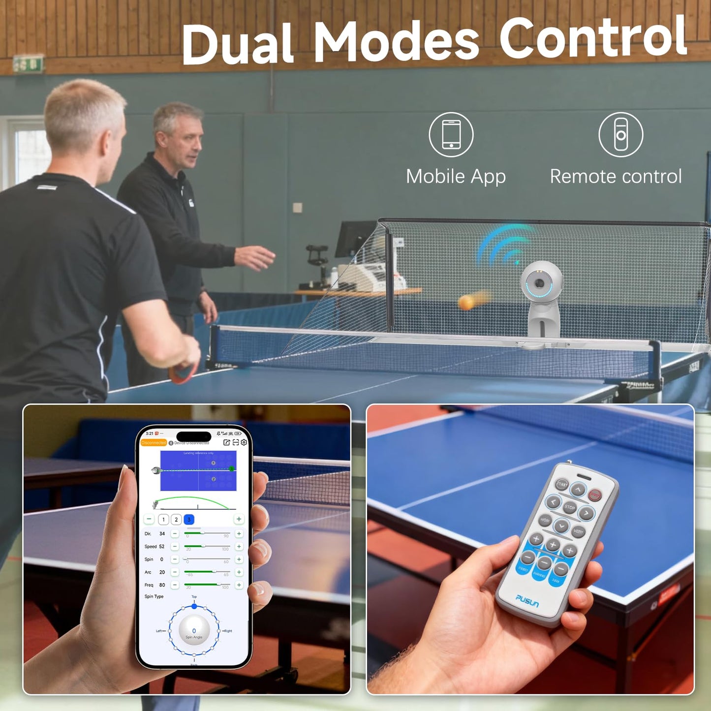 Table Tennis Robot, PUSUN Ping Pong Machine with Ball Recycling Facility, Built-in Preset Training Drills, Smart App Control, Real-time Spin/Speed/Landing Point Adjustment,Easy to Install
