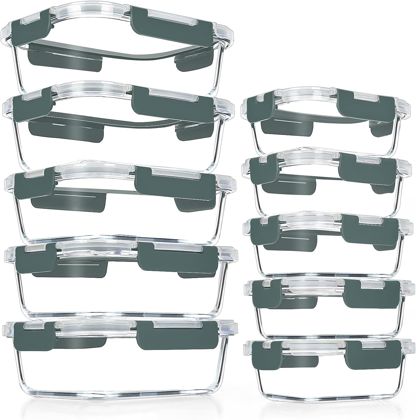 VERONES Glass Meal Prep Containers - 10 Pack Airtight Storage Set with Lids | BPA-Free, Stackable, Microwave & Oven Safe, Grey