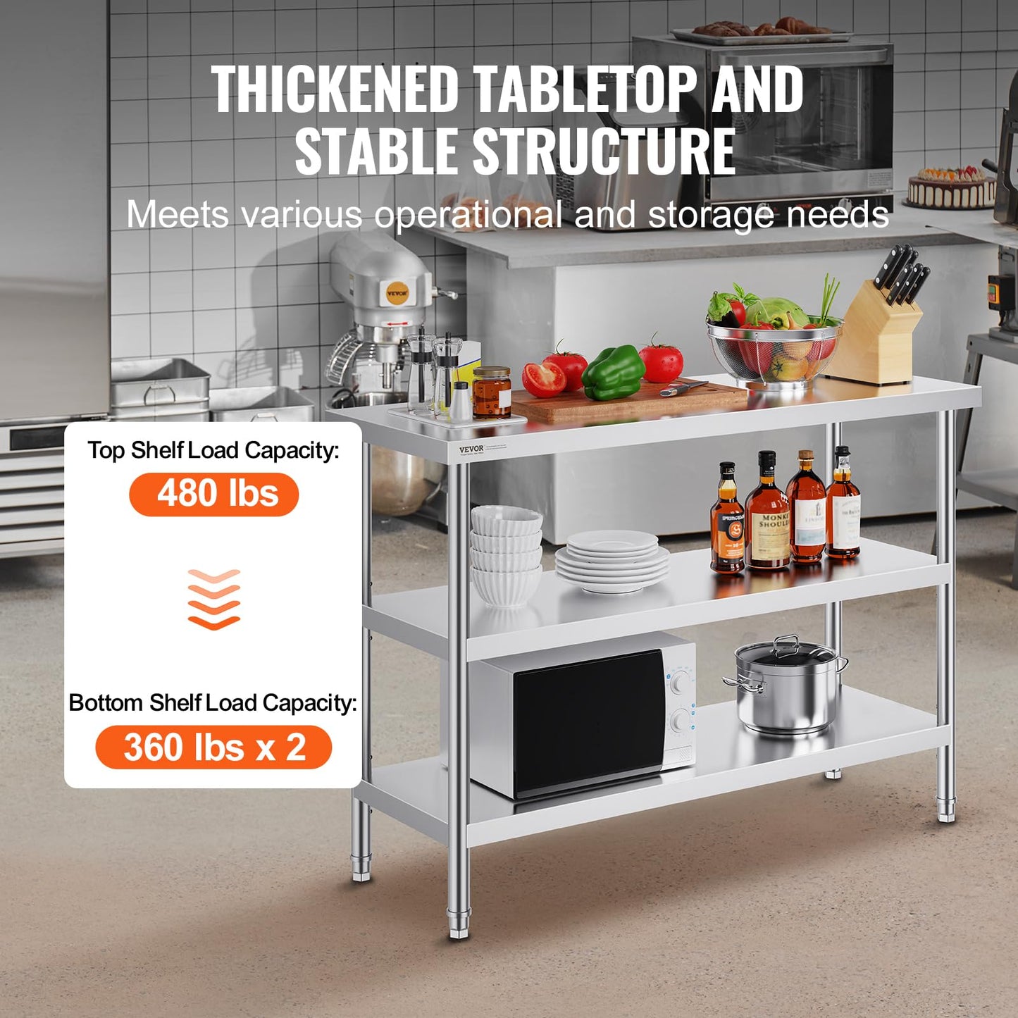 VEVOR Stainless Steel Food Prep Table, 18 x 48 x 34 Inch Commercial Kitchen Worktable, with 2 Adjustable Undershelf, Heavy Duty Prep Tables Metal Work Table for BBQ, Kitchen, Home, and Garage