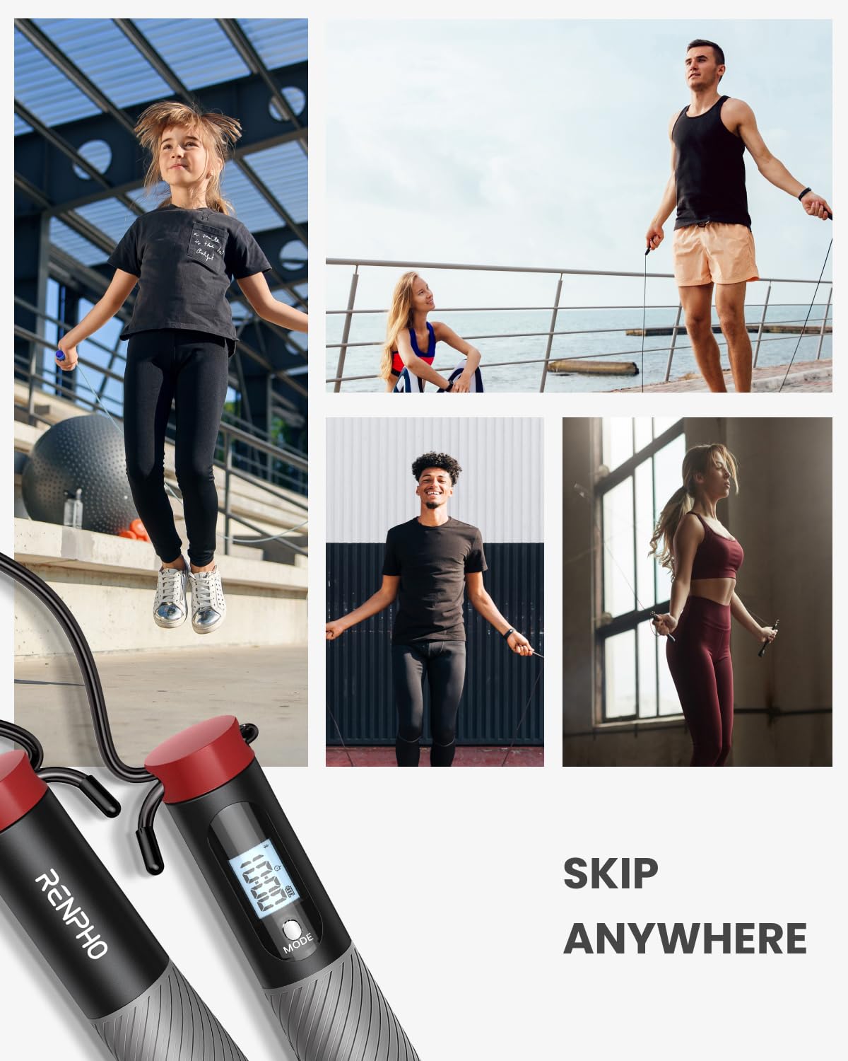 RENPHO Smart Skipping Rope with Counter, Adjustable Jump Ropes for Fitness, Skip Rope with APP Data Analysis, Workout Equipment for Women Men Adult Kids, Burn Calories, Gym, MMA, Grey