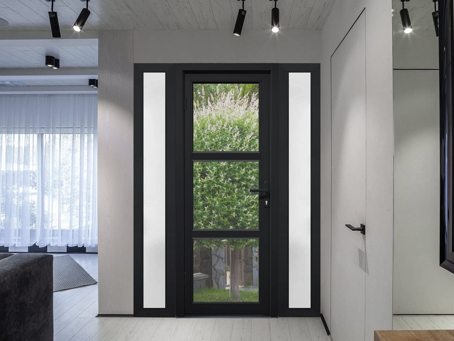 VDOMDOORS Front Exterior Prehung Fiberglass Door Clear Glass/Manux 8555 Matte Black Clear Glass / 2 Side Exterior Windows / W16+36+16 x H80-Right-hand Inswing