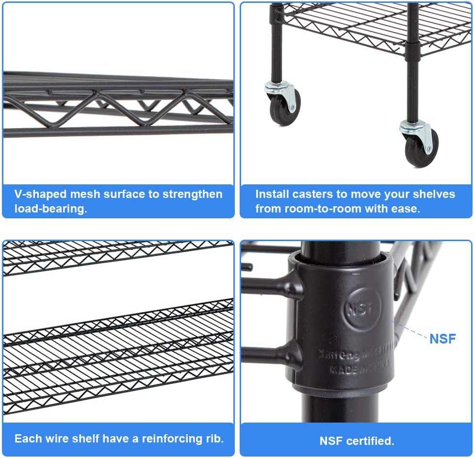BestOffice 6-Tier Wire Storage Shelves with Wheels - Heavy-Duty Metal Racks | Adjustable | 18x48x78 | Black | No-Tool Assembly