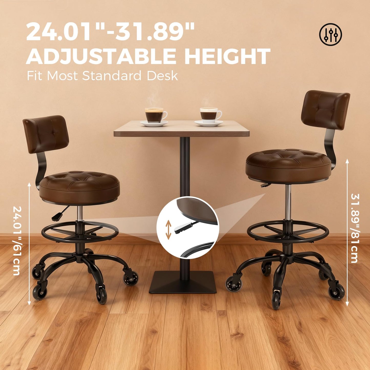 FREEKYROCK Office Drafting Chair with Footrest, Tall Height Adjustable Stool with Back Support, Heavy Duty Rolling Stool Chair with Wheels for Office Home Kitchen Bar Shop Guitar Studio Vanity, Brown