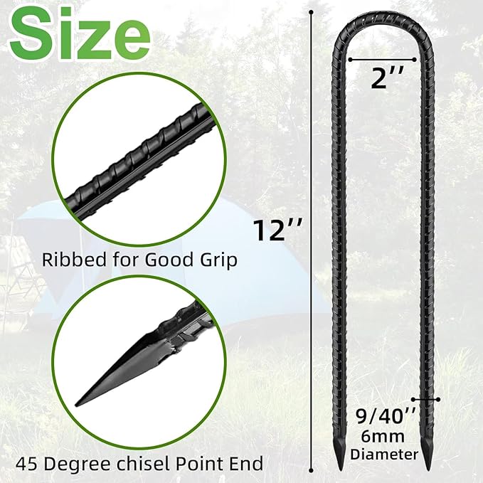 Black Trampoline Stakes Anchors High Wind 12inx6mm Galvanized U Hook 20pcs Rebar Stakes – Heavy Duty Ground Anchors for Trampoline,Yard & Inflatable,Landscape Metal Stakes for Outdoor Decorations