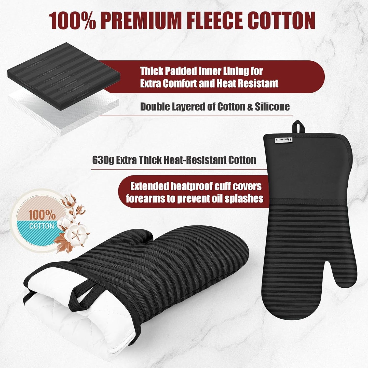 Skiennix Oven Mitts & Pot Holder Set - 500°F Heat Resistant Silicone Grip | 6 Pack Cotton Dish Towels - Black Kitchen Essentials