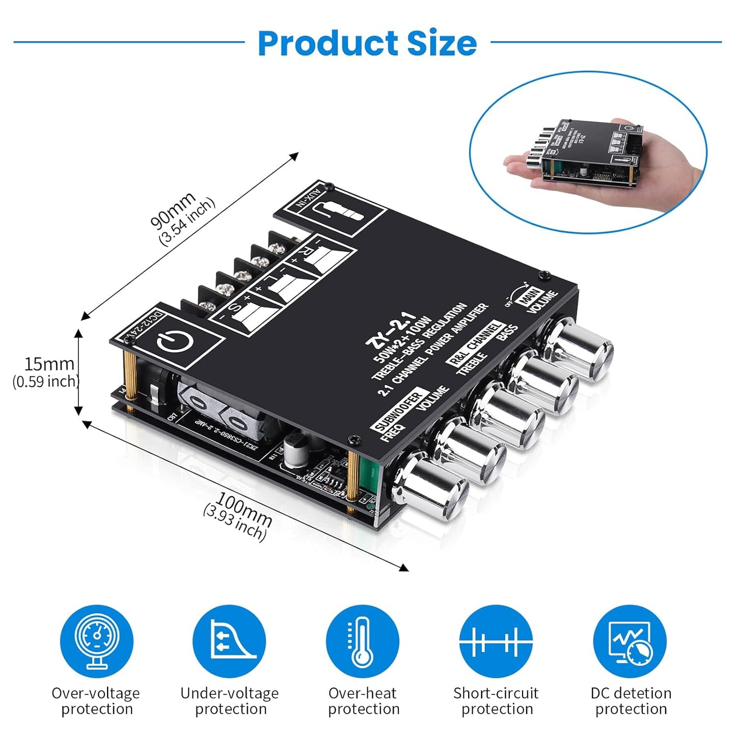 ZY-2.1 2.1CH 50W 2 +100W 5.1 Bluetooth Audio Amplifier Board, x Subwoofer Power Amp with Treble and Bass Control