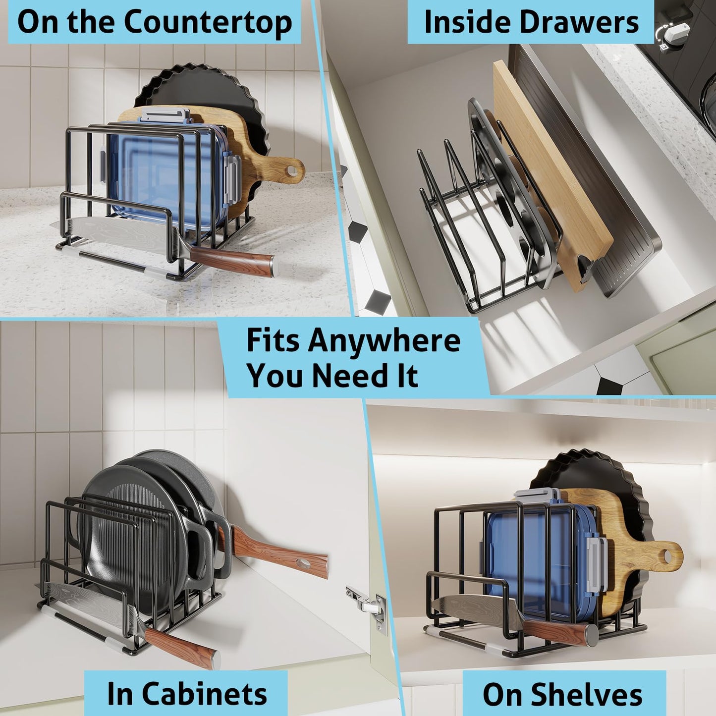 Cutting Board Organizer Rack with 7 Compartments, Heavy-Duty Iron Pan and Baking Sheet Organizer, Kitchen Cabinet Storage Rack with Non-Slip Base, Space-Saving Pot Lid Holder for Countertop & Pantry