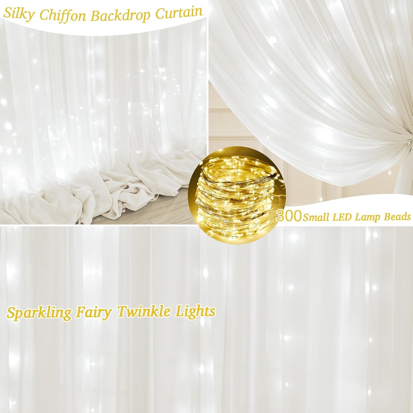 Shillance 10x10ft Cream White Chiffon Backdrop Curtain with Lights String for Wedding Sheer Tulle Curtain Photo