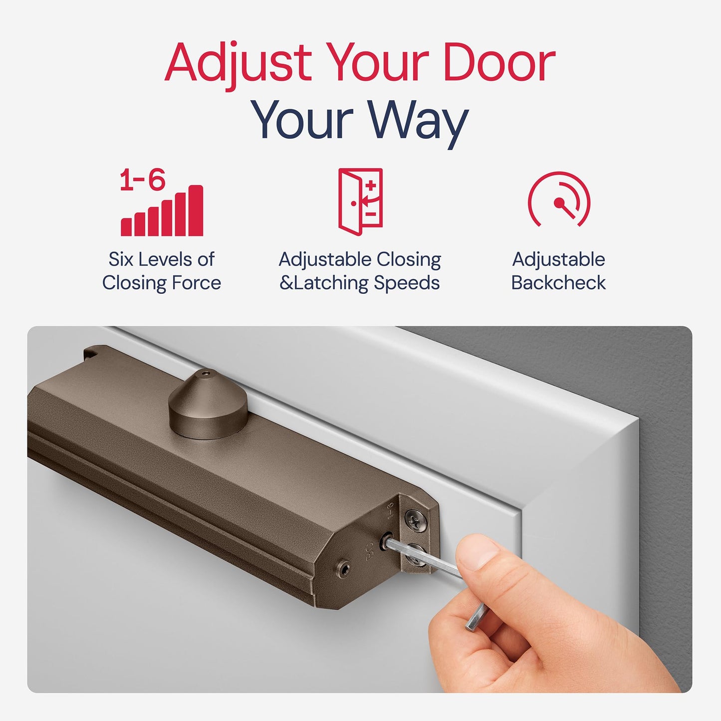 Lawrence Medium/Heavy Duty Door Closer Commercial Grade 1 - Surface-Mounted Commercial Automatic Door Closer with Adjustable 6-Speed Control and 3 Valves - Embassy Series LH5016
