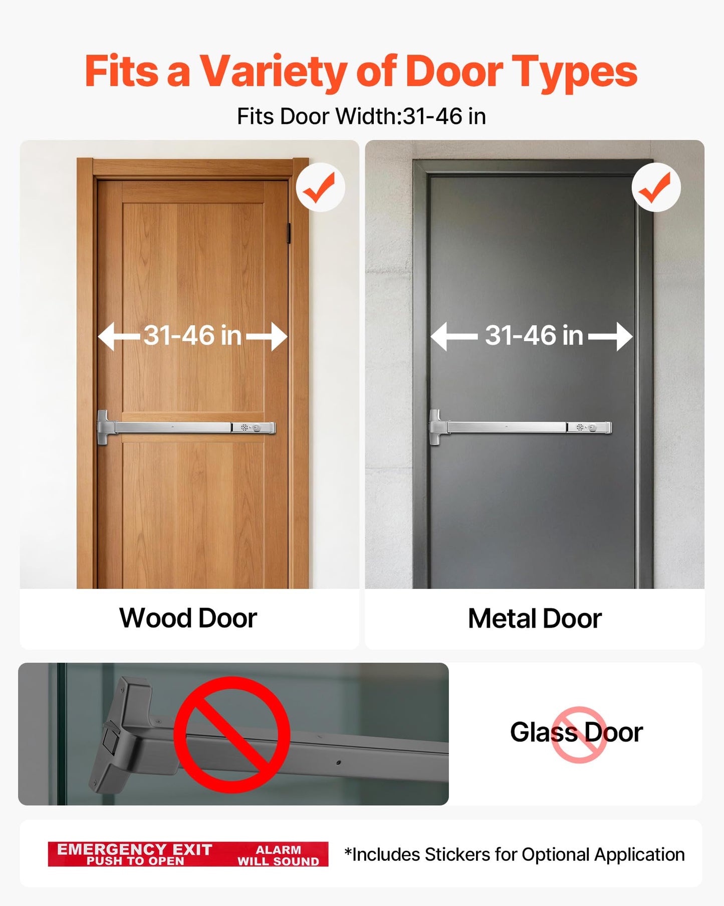 VEVOR Push Bar Panic Exit Device, 31" Stainless Steel Commercial Panic Bar for Exit Doors, Emergency Exit Door Hardware with Auto Alarm System and Sticker, for 31"-46" Wood or Metal Door, Silver
