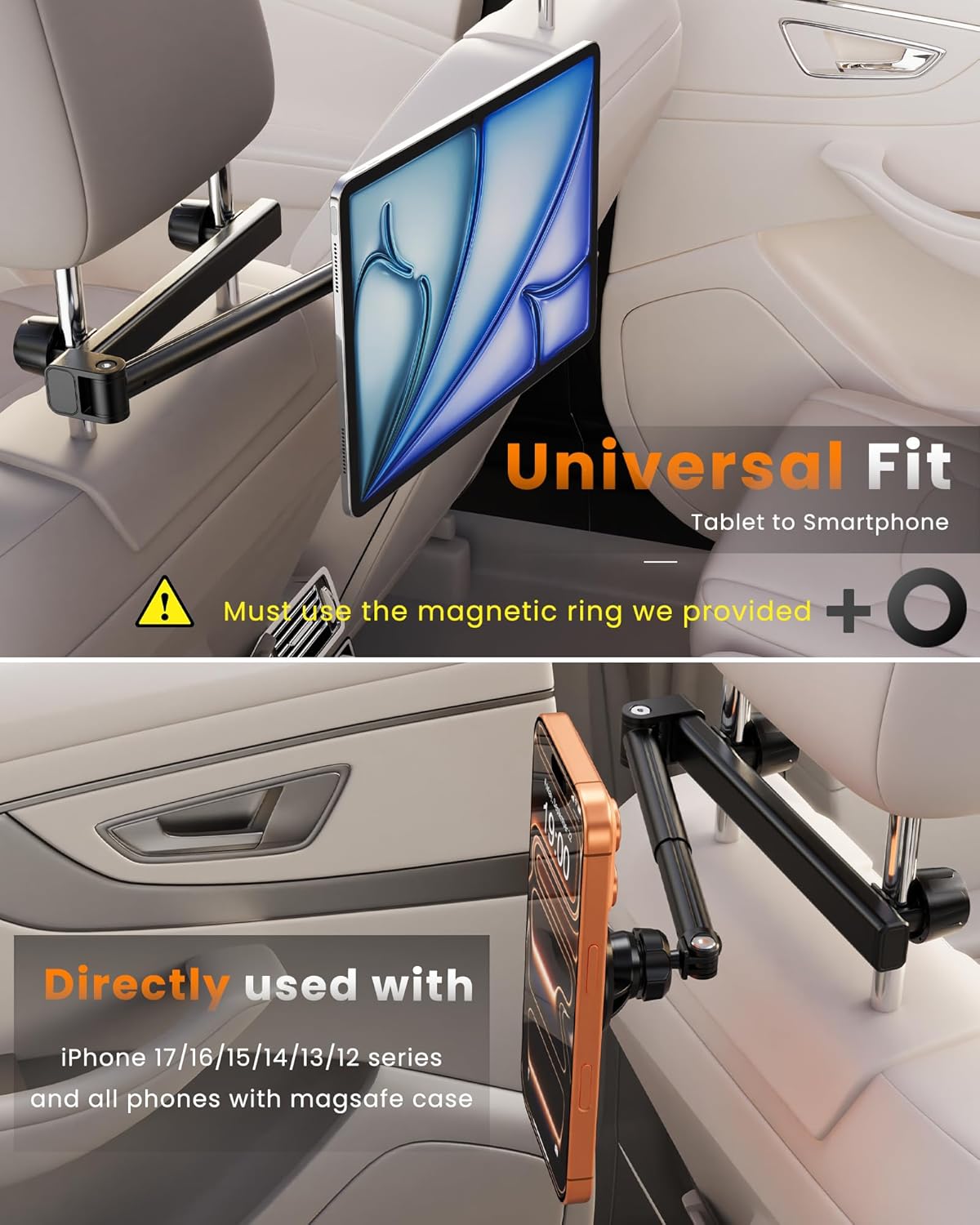 JDHDL 6 lb for Magsafe Car Headrest Tablet Holder, for iPad Holder Car Mount, Strong Magnetic Force Adjustable Aluminum