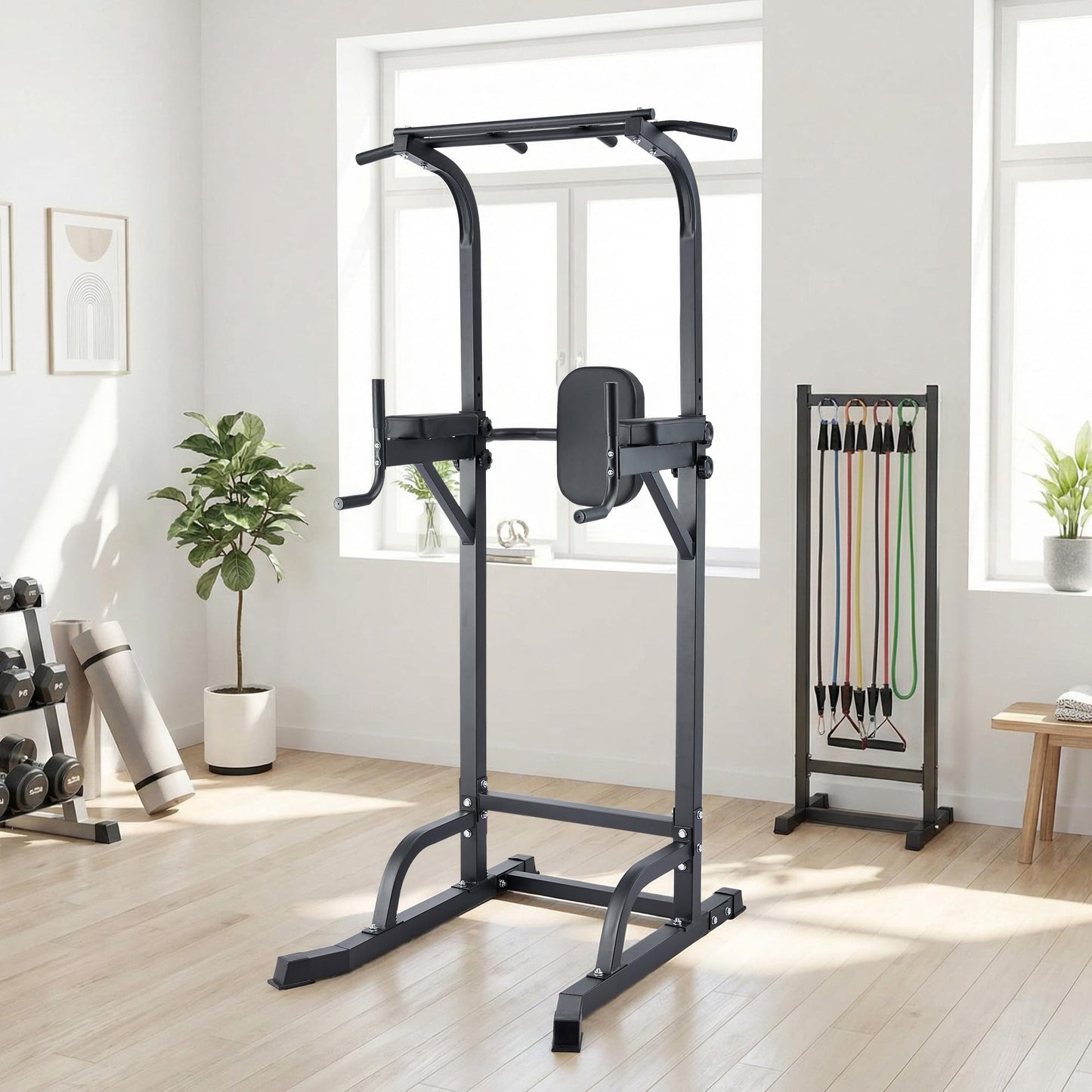 Power Tower Pull Up Bar Dip Station, Adjustable Height Home Gym Equipment, Heavy Duty Strength Trainer with 880 Lbs Capacity, Multi-Function Workout for Full Body Exercise, Stable Fitness Equipment