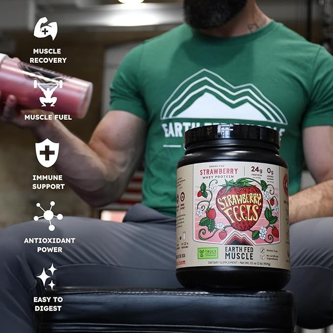 Earth Fed Muscle Strawberry?¯Feels??Forever) ??Irish Truly Grass?‘Fed Whey Protein Isolate, No Sugar, Soy?‘Free, Gluten?‘Free (2 lb, 29 Servings, Strawberry)