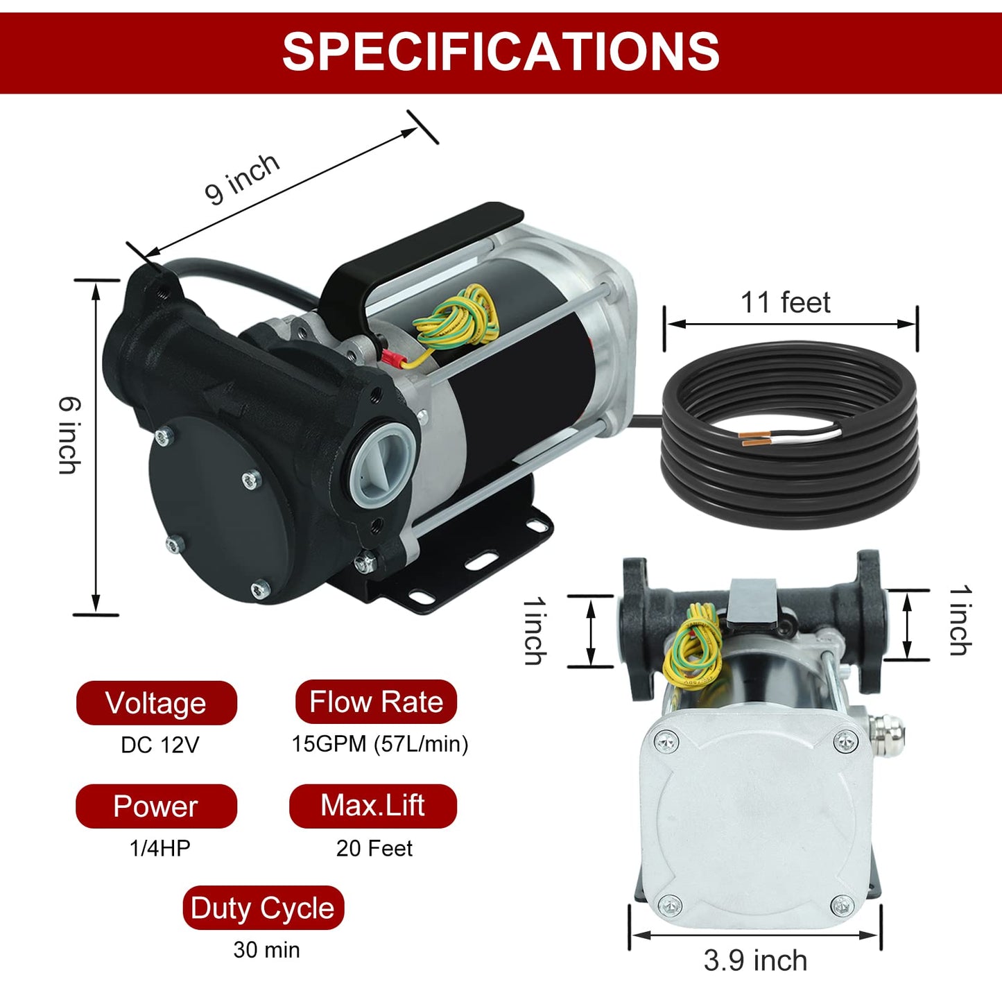 BLACKHORSE-RACING 12V DC Gasoline Fuel Transfer Pump, 15 GPM / 57 LPM Self-Priming Rotary Vane Motor Fuel Pump, Thermal Protected, for Gasoline Diesel Kerosene Mineral Spirits
