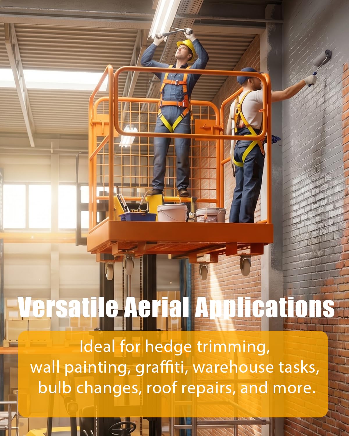 Forklift Cage 36x36 Inches Work Platform Safety Cage，Collapsible Lift Basket with 4 Wheels Device Chain for Aerial Work Lifting Loader
