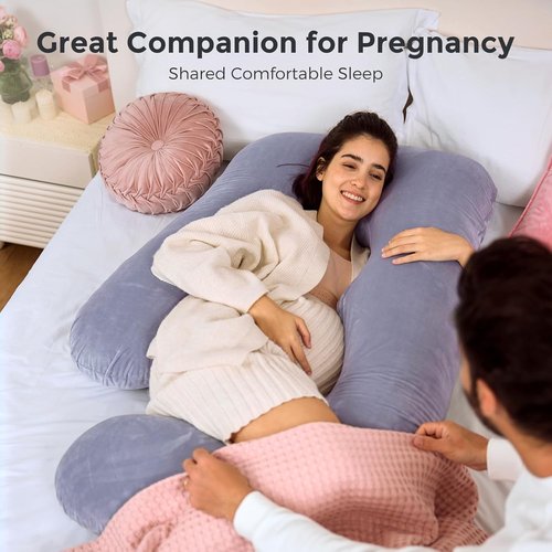 Momcozy U-Shaped Pregnancy Pillow - Full Body Support for Back, Legs & Belly | 57-Inch Grey Maternity Pillow