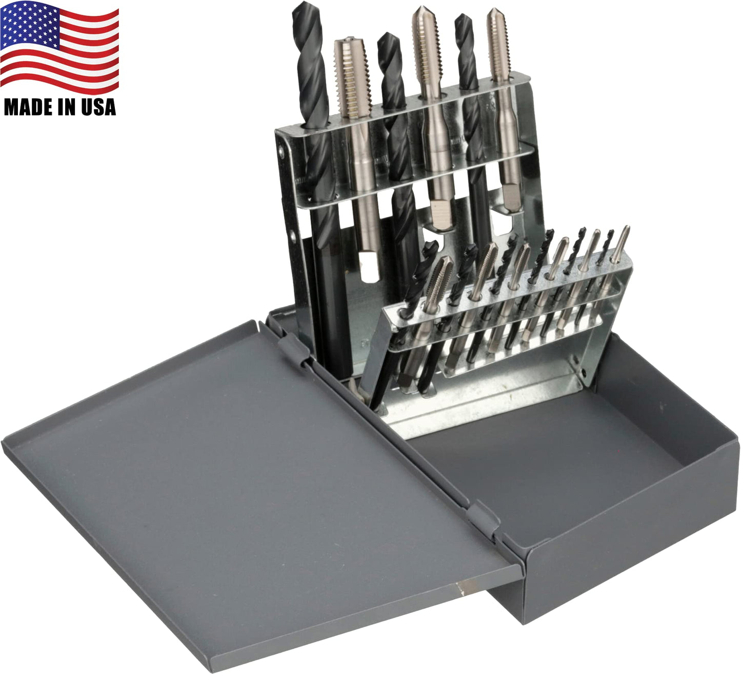 Chicago Latrobe 52541 HM18 High-Speed Steel Jobber Length Drill Bit and Tap Set with Metal Case, Black Oxide Drill Bits/Uncoated Taps, Metric, 18-piece, Metric Drill Bit Sizes, M2.5 to M12 Tap Sizes