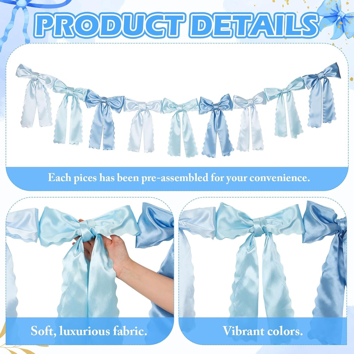VitalCozy Blue Bow Garland - Pre-Strung Satin Ribbon Decor for Bridal Showers & Birthday Parties