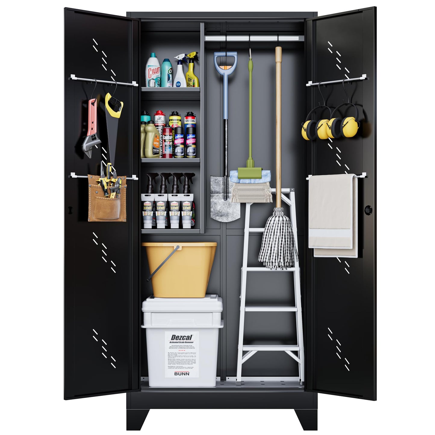 OSEILLC Metal Storage Cabinet with Locking Doors, 75" Tall Garage Cabinet with Hanging Rod, Broom Closet/Freestanding Bathroom Storage Cabinet, Cleaning Tool Storage