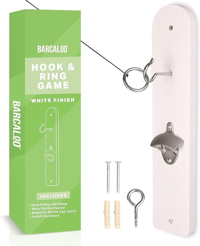 Barcaloo Hook and Ring Game with Bottle Opener and Magnetic Bottle Cap Catch - Adult Ring Toss Game for Both Indoor and Outdoor Use