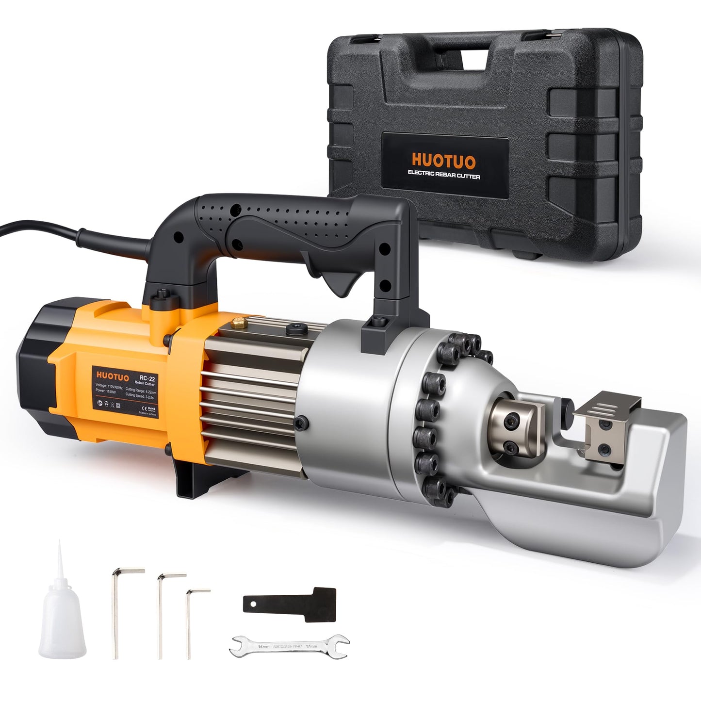 HUOTUO 7/8" Electric Hydraulic Rebar Cutter 2-2.5s Cutting Speed Portable Rebar Cutter Cutting Rebar 4-22mm #7 1150w 120v/60hz (RC22-yellow)