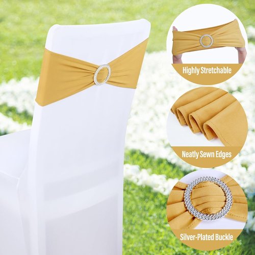 LEBENGURU Gold Spandex Chair Sashes - 50 Premium Stretch Bows with Buckle Slider for Weddings & Events