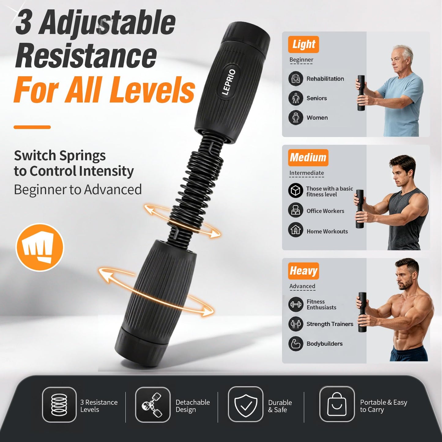 Lerpio Forearm & Wrist Trainer, Adjustable Resistance Grip Strength with Interchangeable Springs Design, Beginner to Advanced Portable Arm Workout Equipment for Home, Gym, Office (Black)