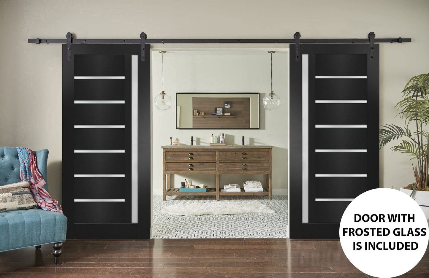 SARTODOORS Quadro 4088 Barn Door 7284 in, Black Matte Frosted Glass Double Sliding Interior Door, Solid MDF Core, 13 FT Black Rail Hardware Included